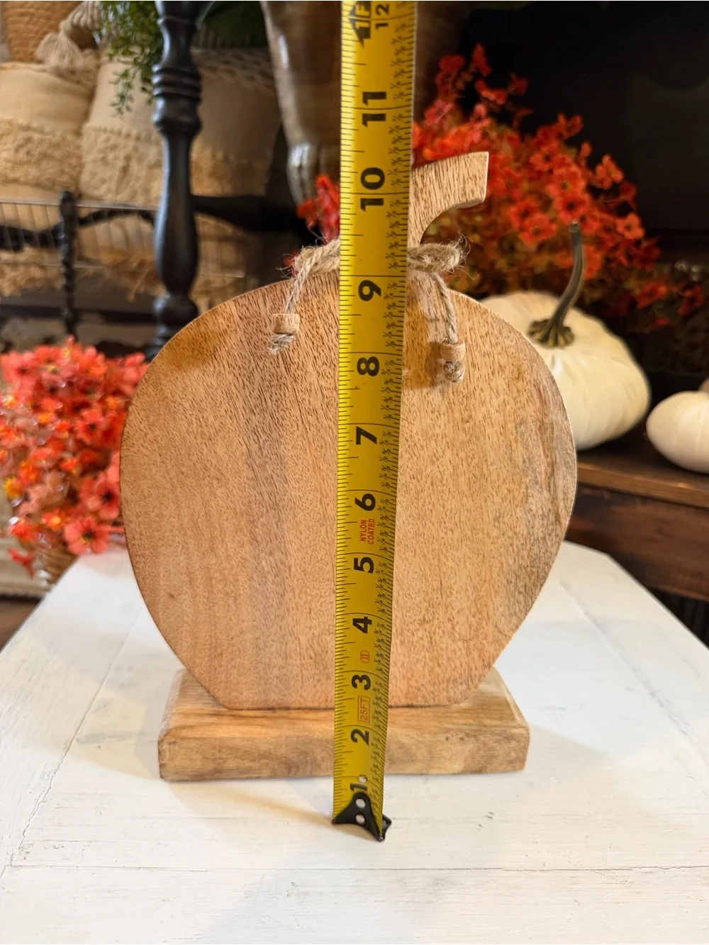 Mango Wood Pumpkin Decor with Carved Leaf Pendant - Natural Brown